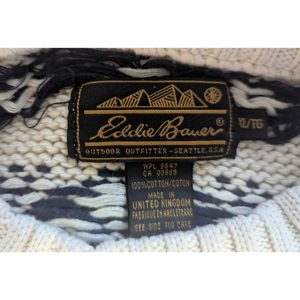 Eddie Bauer 100% Cotton Pullover Sweater Mens XL Blue/Ivory Nordic Vtg - Picture 4 of 8